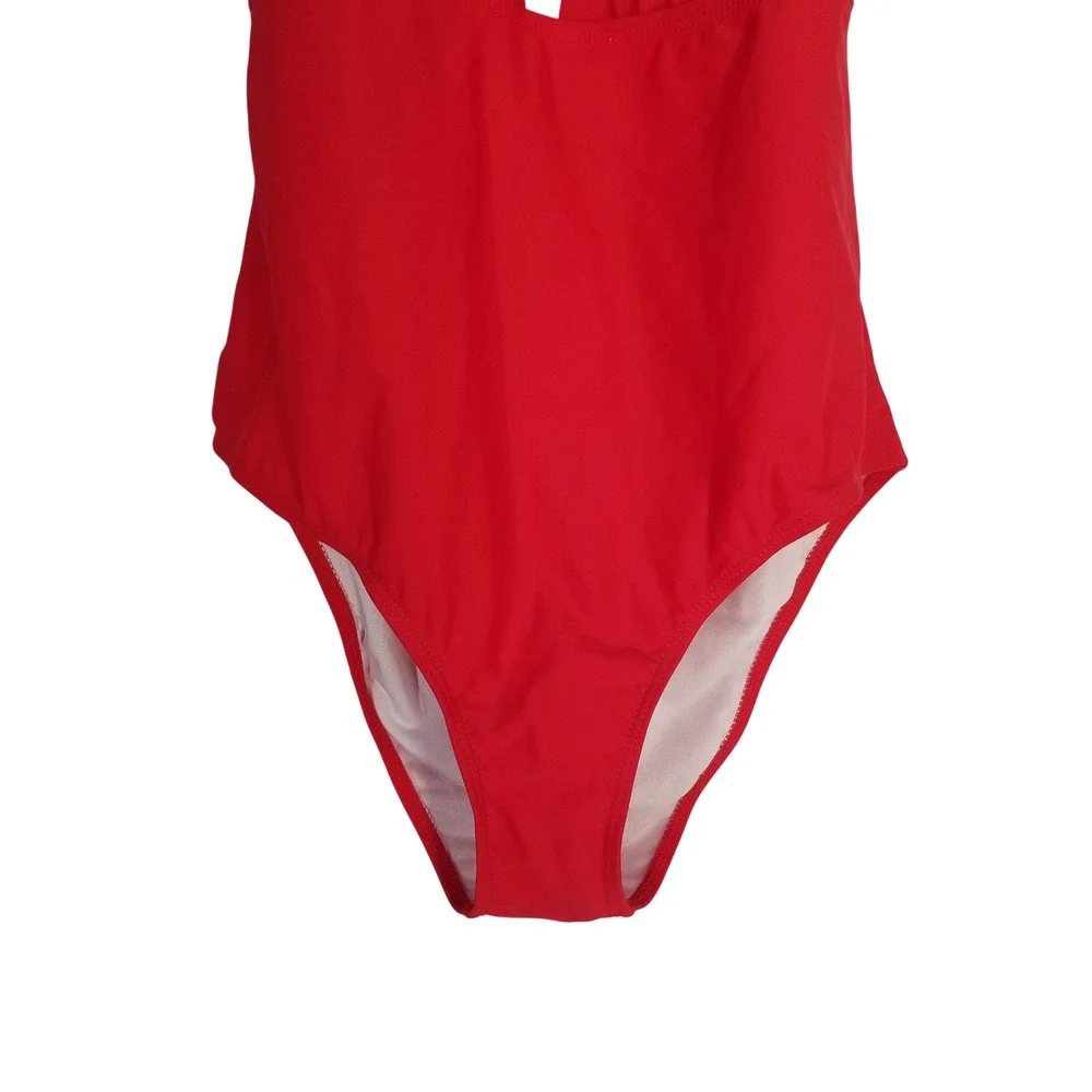 Retro Stage Red Halter One Piece Swimsuit Plunge V-Neck Ruched Waist Large‎ NEW